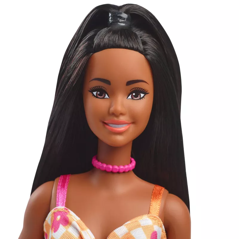 Barbie Fashionistas lelle #233 ar rūtainu ziedu midi kleitu, melni mati
