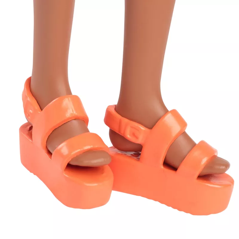 Barbie Fashionistas lelle #233 ar rūtainu ziedu midi kleitu, melni mati