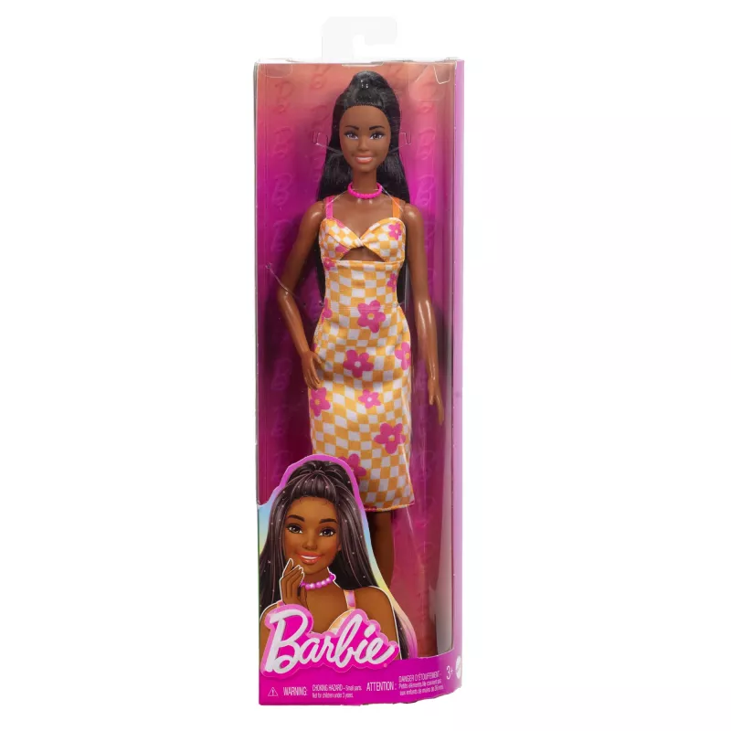Barbie Fashionistas lelle #233 ar rūtainu ziedu midi kleitu, melni mati