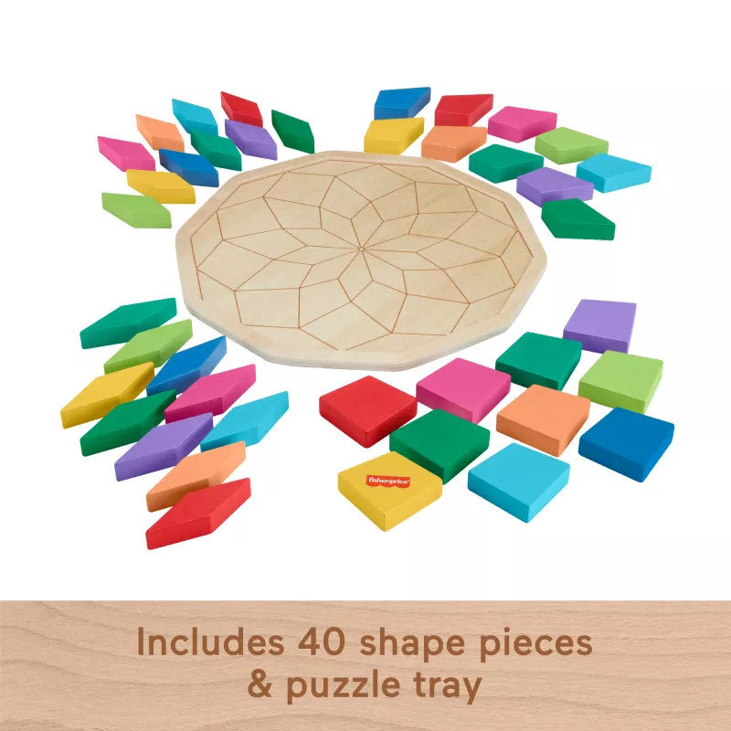 Fisher-Price koka mandalas ģeometriskā puzle maziem bērniem un bērniem, 40 koka gabali
