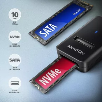 SSD korpuss AXAGON ADM2-AM USB-A 10Gbps vienam M.2 NVMe/SATA diskam, USB 3.2 Gen 2, 10 cm kabelis, melns