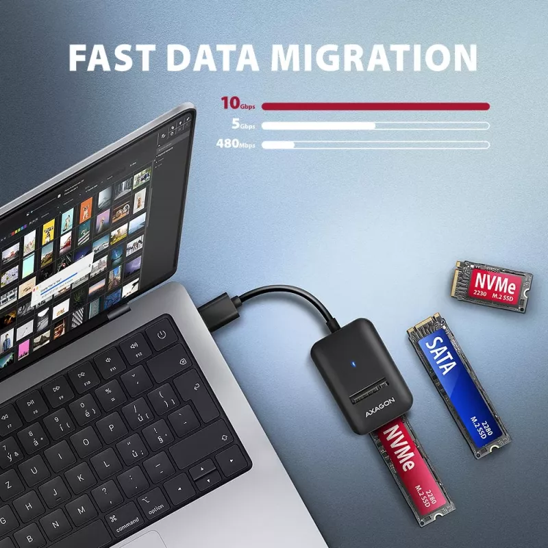 SSD korpuss AXAGON ADM2-AM USB-A 10Gbps vienam M.2 NVMe/SATA diskam, USB 3.2 Gen 2, 10 cm kabelis, melns