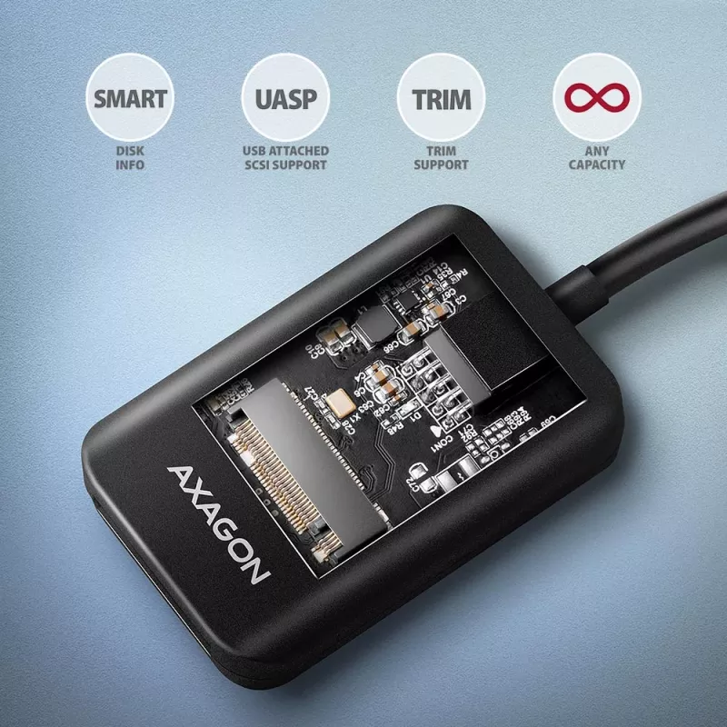 SSD korpuss AXAGON ADM2-AM USB-A 10Gbps vienam M.2 NVMe/SATA diskam, USB 3.2 Gen 2, 10 cm kabelis, melns