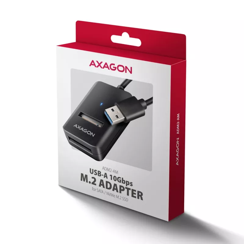 SSD korpuss AXAGON ADM2-AM USB-A 10Gbps vienam M.2 NVMe/SATA diskam, USB 3.2 Gen 2, 10 cm kabelis, melns