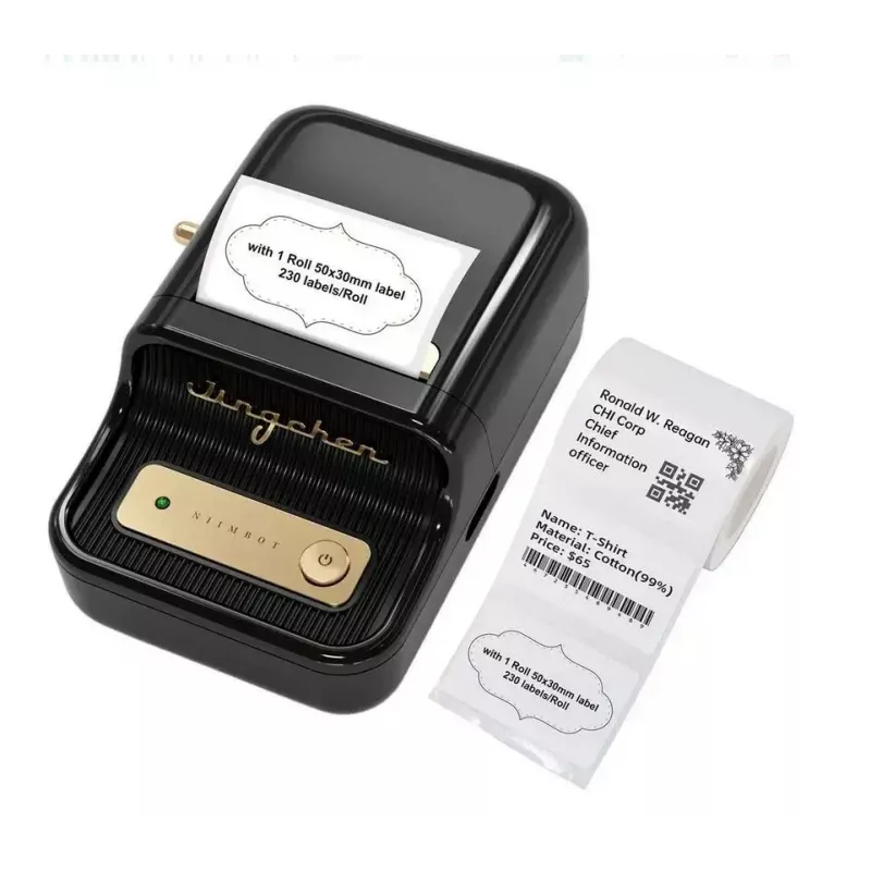 Etiķešu printeris NIIMBOT B21S melns — kompakts Bluetooth ruļļu printeris, 50 mm drukas platums, 60 mm/s, Li-Ion 1200 mAh
