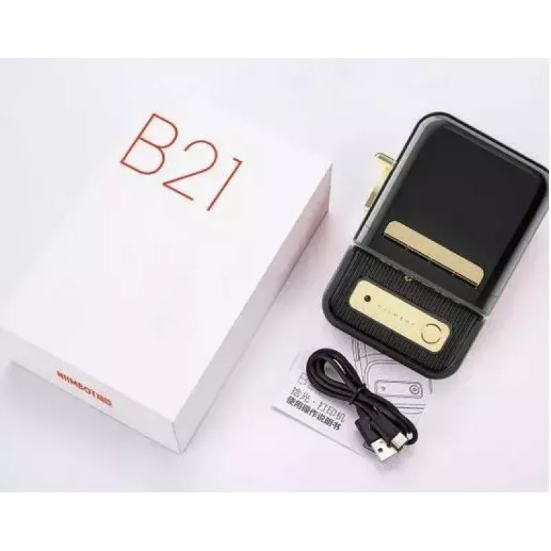 Etiķešu printeris NIIMBOT B21S melns — kompakts Bluetooth ruļļu printeris, 50 mm drukas platums, 60 mm/s, Li-Ion 1200 mAh