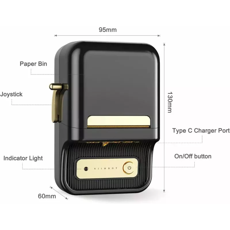 Etiķešu printeris NIIMBOT B21S melns — kompakts Bluetooth ruļļu printeris, 50 mm drukas platums, 60 mm/s, Li-Ion 1200 mAh