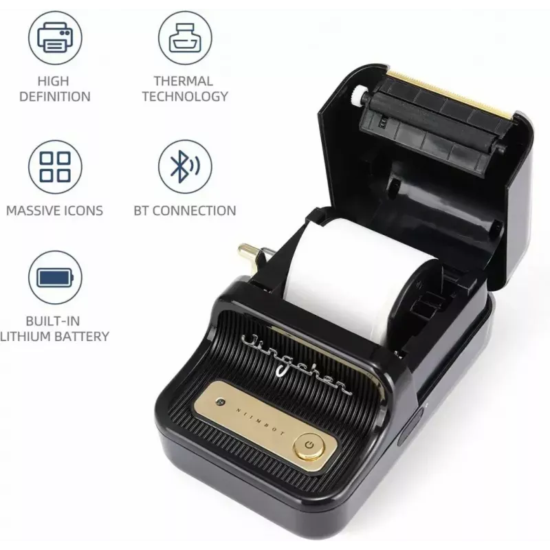 Etiķešu printeris NIIMBOT B21S melns — kompakts Bluetooth ruļļu printeris, 50 mm drukas platums, 60 mm/s, Li-Ion 1200 mAh