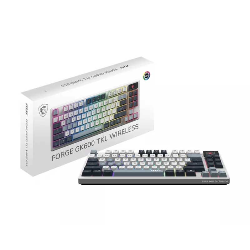 Mehāniskā bezciparu spēļu klaviatūra MSI FORGE GK600 TKL Wireless USB + Bluetooth QWERTY UK English RGB zila/balta