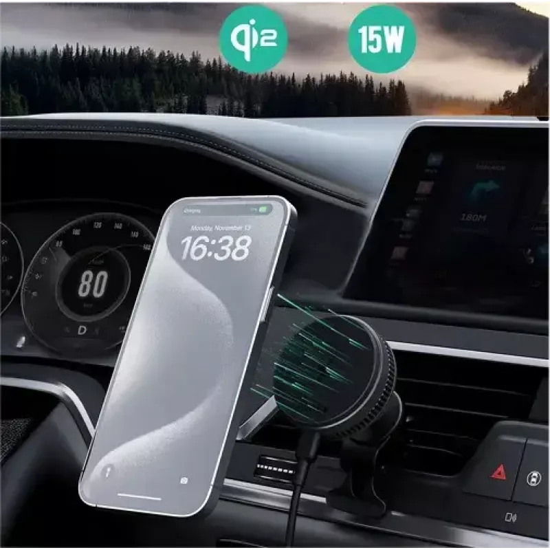 Aukey bezvadu uzlādes turētājs HD-MC13A MagSafe saderīgs ventilācijas atveru automašīnas turētājs iPhone tālruņiem, 15W bezvadu uzlāde