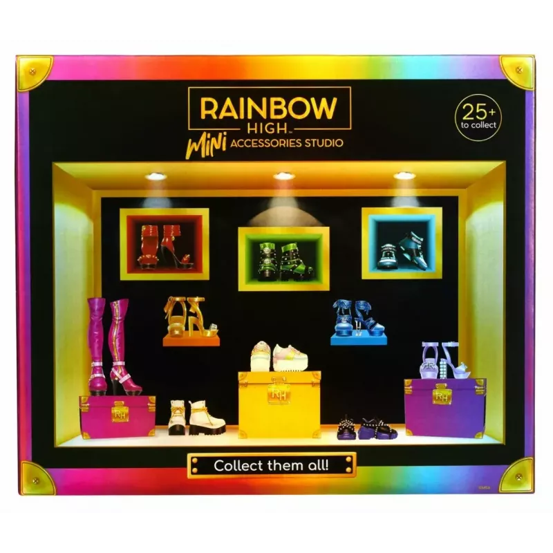 Displeja komplekts Mga Accessories Rainbow High apavi, 27 gabali — dažādi leļļu apavu aksesuāri