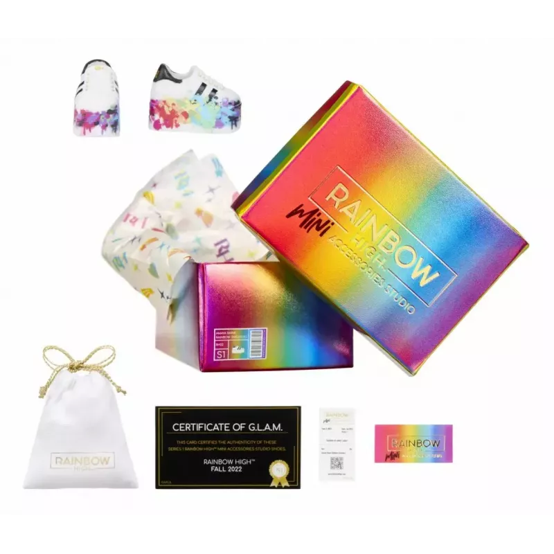 Displeja komplekts Mga Accessories Rainbow High apavi, 27 gabali — dažādi leļļu apavu aksesuāri