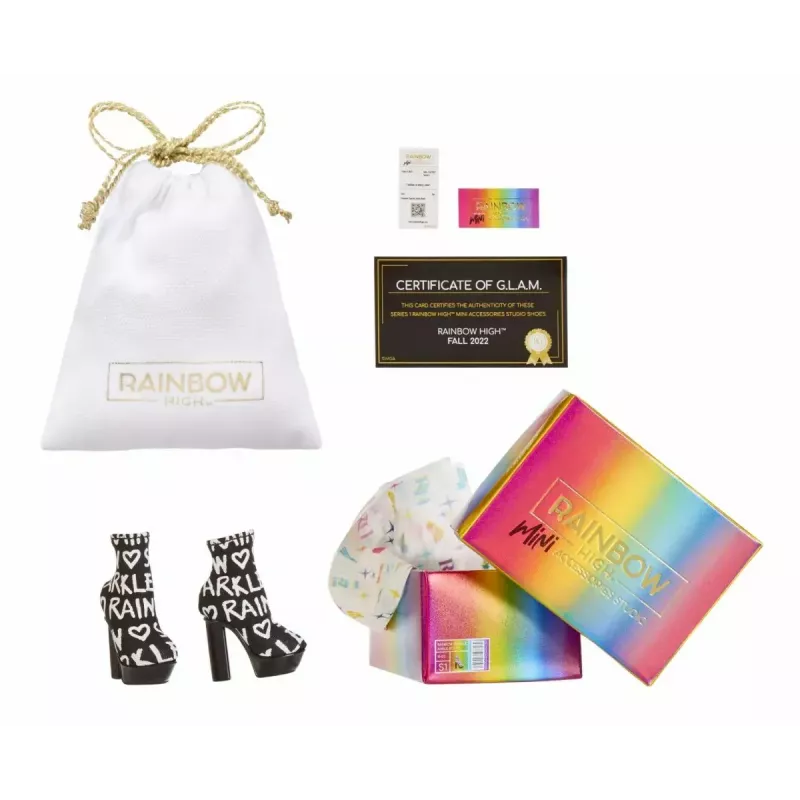 Displeja komplekts Mga Accessories Rainbow High apavi, 27 gabali — dažādi leļļu apavu aksesuāri