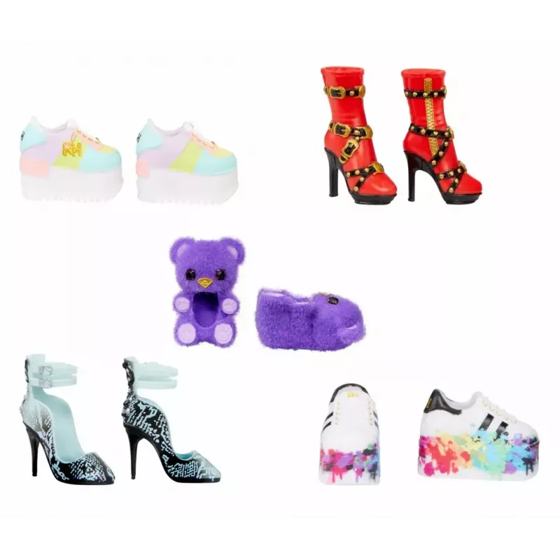 Displeja komplekts Mga Accessories Rainbow High apavi, 27 gabali — dažādi leļļu apavu aksesuāri
