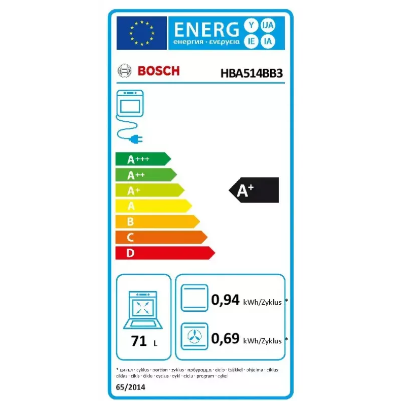 Iebūvējamā elektriskā cepeškrāsns Bosch Serie 4 HBA514BB3 — 71 L, hidrolītiskā tīrīšana, skārienjutīga vadība, A+