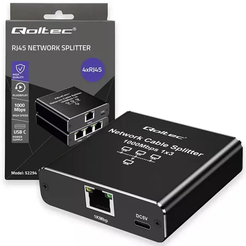 Ethernet sadalītājs QOLTEC 52294 1x3 RJ45 ar USB-C barošanas ieeju