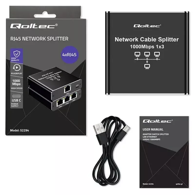 Ethernet sadalītājs QOLTEC 52294 1x3 RJ45 ar USB-C barošanas ieeju
