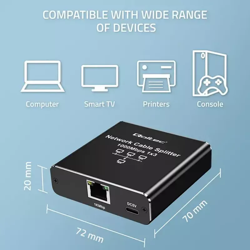 Ethernet sadalītājs QOLTEC 52294 1x3 RJ45 ar USB-C barošanas ieeju