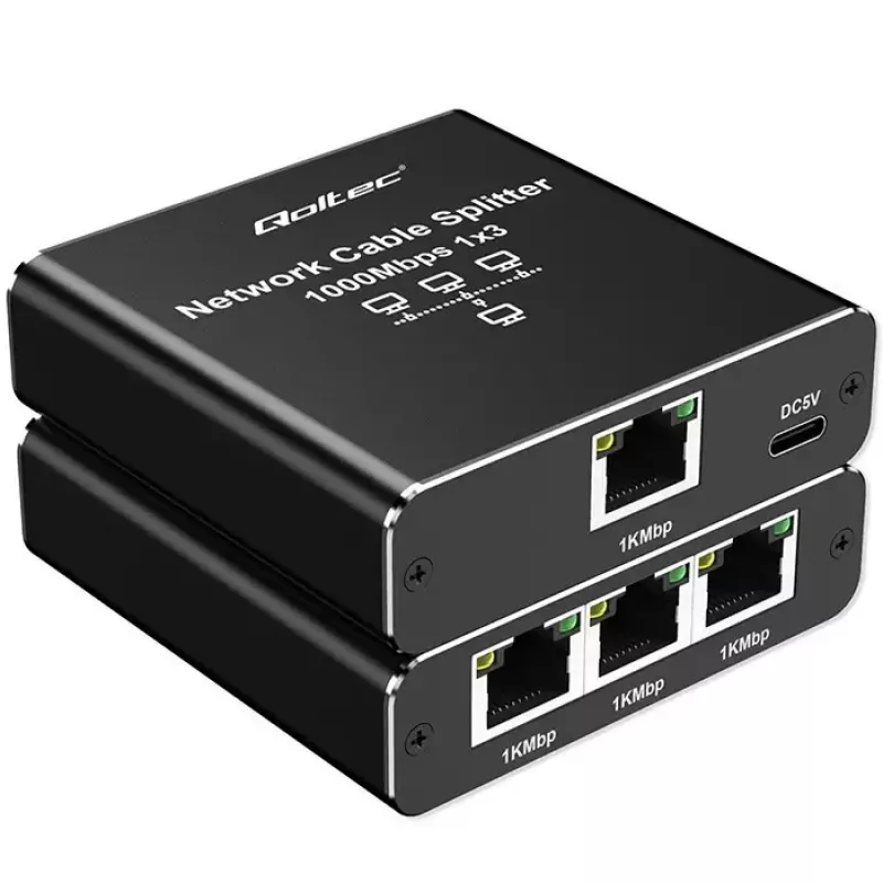 Ethernet sadalītājs QOLTEC 52294 1x3 RJ45 ar USB-C barošanas ieeju