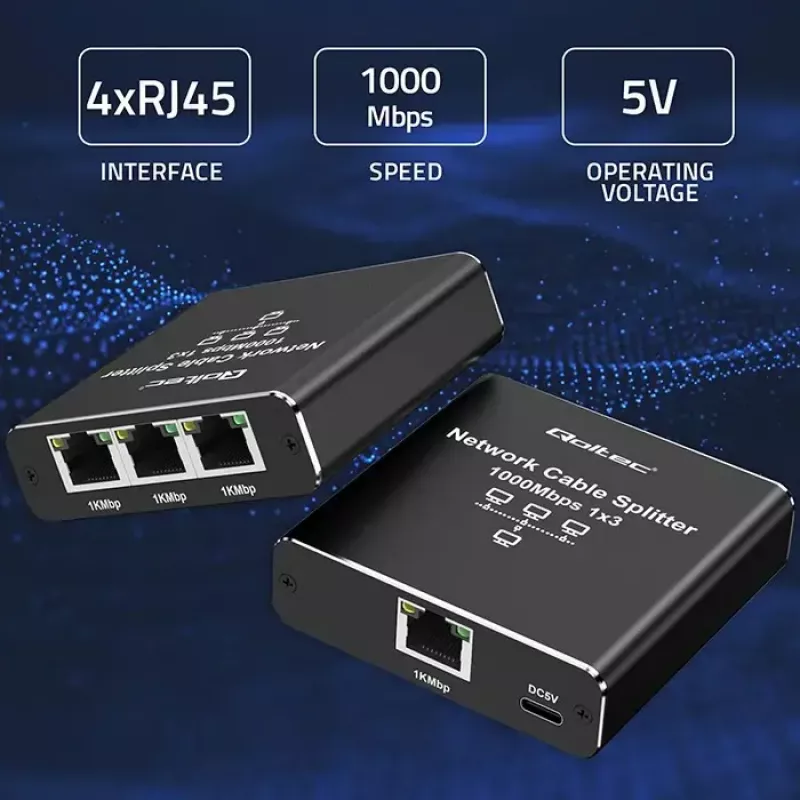 Ethernet sadalītājs QOLTEC 52294 1x3 RJ45 ar USB-C barošanas ieeju