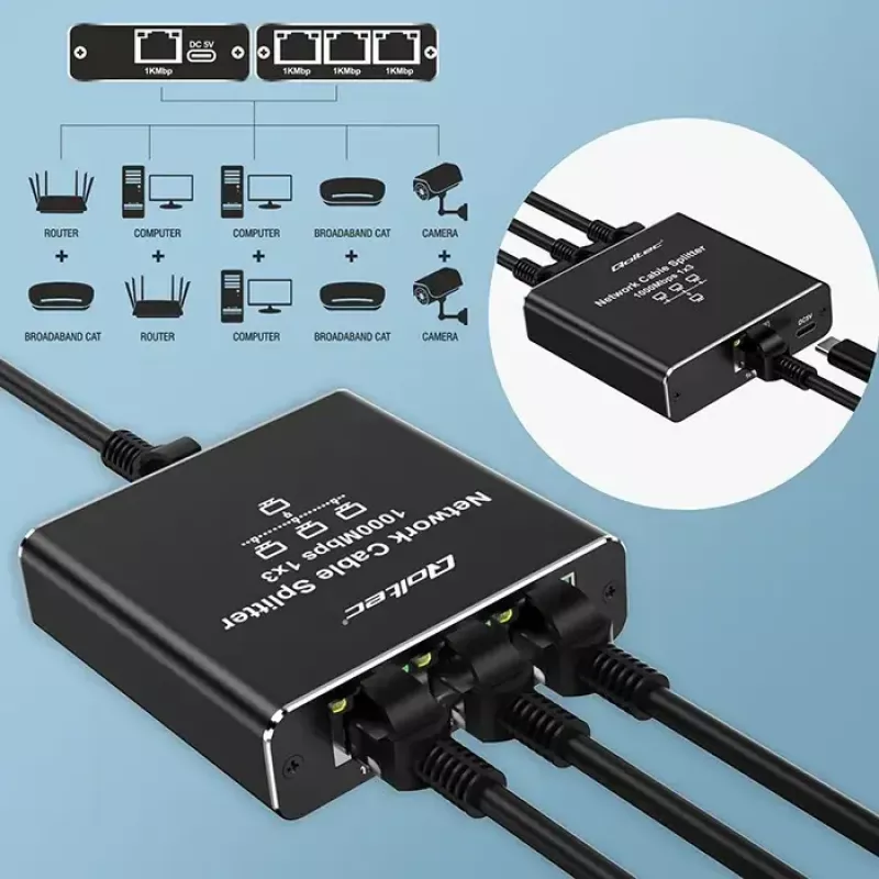 Ethernet sadalītājs QOLTEC 52294 1x3 RJ45 ar USB-C barošanas ieeju