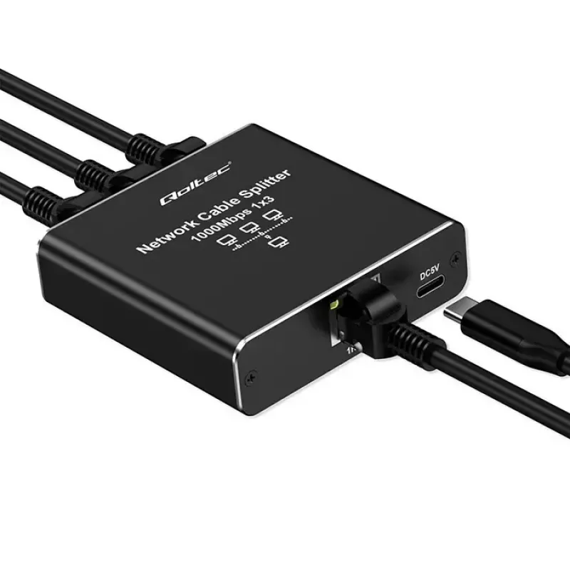 Ethernet sadalītājs QOLTEC 52294 1x3 RJ45 ar USB-C barošanas ieeju