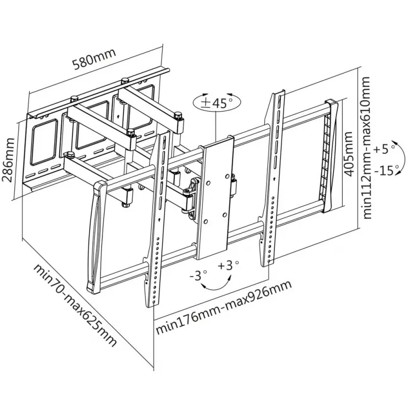 Manhattan sienas stiprinājums televizoriem un monitoriem (pilnībā kustīgs), ekrāniem no 37 inch līdz 100 inch, VESA savietojamība: visi izmēri no 200x200mm līdz 900x600mm – pārbaudiet četru montāžas caurumu izmērus ekrāna aizmugurē, lai pārliecinātos par piemērotību, Maks. 80 kg, Melns, Kronšteins, Mūža garantija