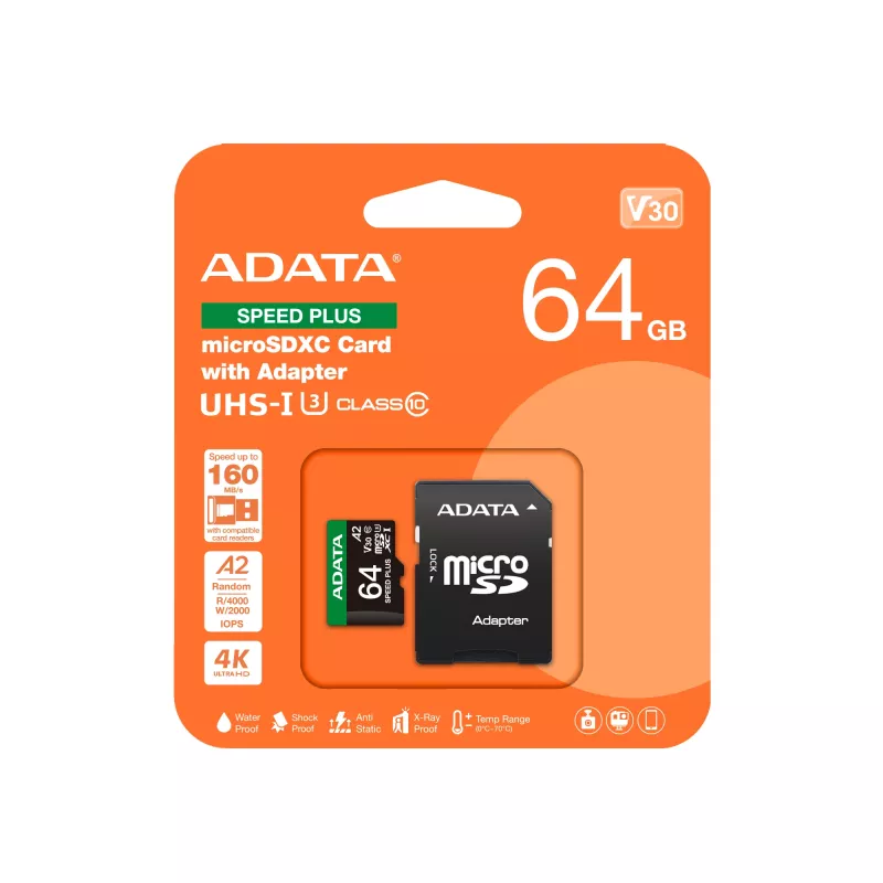 MicroSDXC karte ADATA Speed Plus 64 GB UHS 3. klase modelis UD64GUI3V30A2SP-RA1