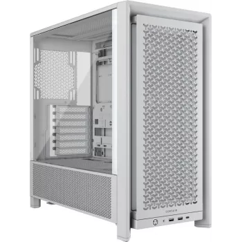 PC case CORSAIR FRAME 4000D RS Midi Tower balta — ATX, rūdīts stikls, 3x120mm priekšējie ventilatori, atbalsta 360/240/140mm radiatorus