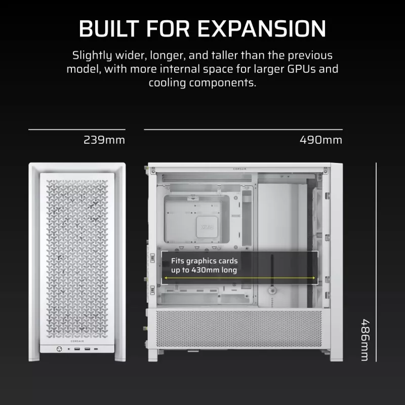 PC case CORSAIR FRAME 4000D RS Midi Tower balta — ATX, rūdīts stikls, 3x120mm priekšējie ventilatori, atbalsta 360/240/140mm radiatorus