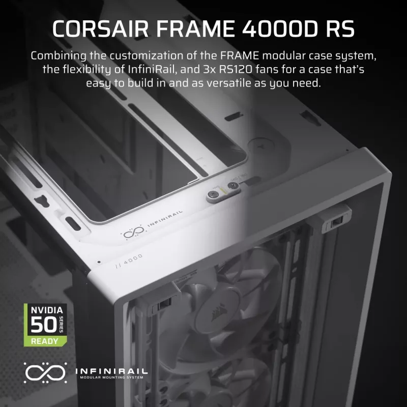 PC case CORSAIR FRAME 4000D RS Midi Tower balta — ATX, rūdīts stikls, 3x120mm priekšējie ventilatori, atbalsta 360/240/140mm radiatorus