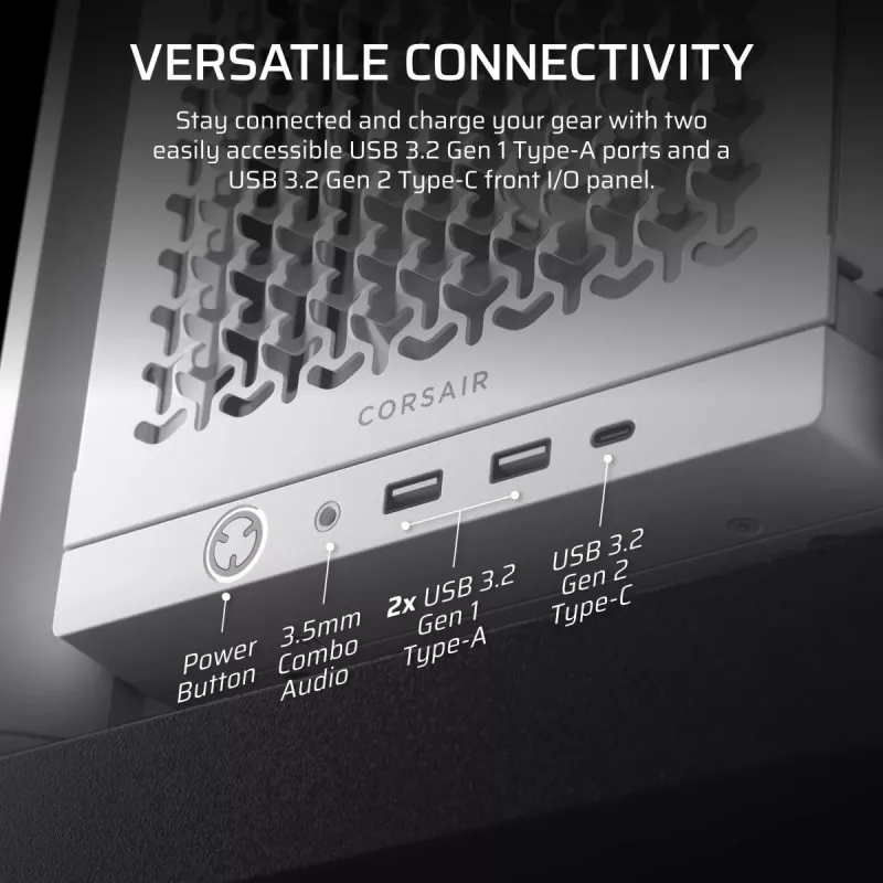 PC case CORSAIR FRAME 4000D RS Midi Tower balta — ATX, rūdīts stikls, 3x120mm priekšējie ventilatori, atbalsta 360/240/140mm radiatorus