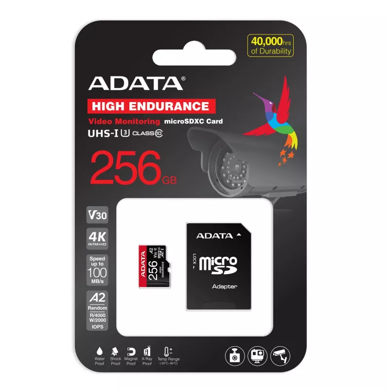 MicroSDXC atmiņas karte ADATA 256 GB AUSDX256GUI3V30SHA2-RA1 UHS-I 10. klase V30 (lasīšana 100 MB/s, rakstīšana 80 MB/s) ar SD adapteri