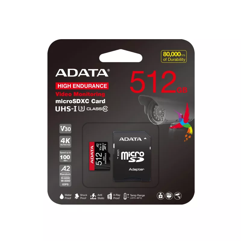 MicroSDXC atmiņas karte ADATA 512 GB UHS‑I U3 V30 10. klase A2, 100/85 MB/s, ūdensizturīga