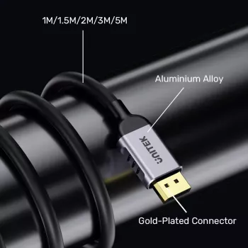 DisplayPort kabelis Unitek C1628GY01-2M — 2 m, DisplayPort 2.1, 7680×4320 @ līdz 240 Hz, 32.4 kanāli, alvots varš