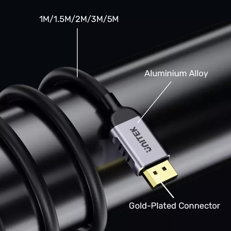 DisplayPort kabelis Unitek C1628GY01-2M — 2 m, DisplayPort 2.1, 7680×4320 @ līdz 240 Hz, 32.4 kanāli, alvots varš