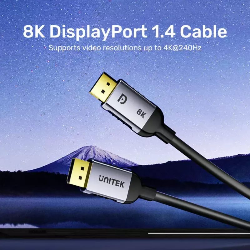DisplayPort kabelis Unitek C1628GY01-2M — 2 m, DisplayPort 2.1, 7680×4320 @ līdz 240 Hz, 32.4 kanāli, alvots varš