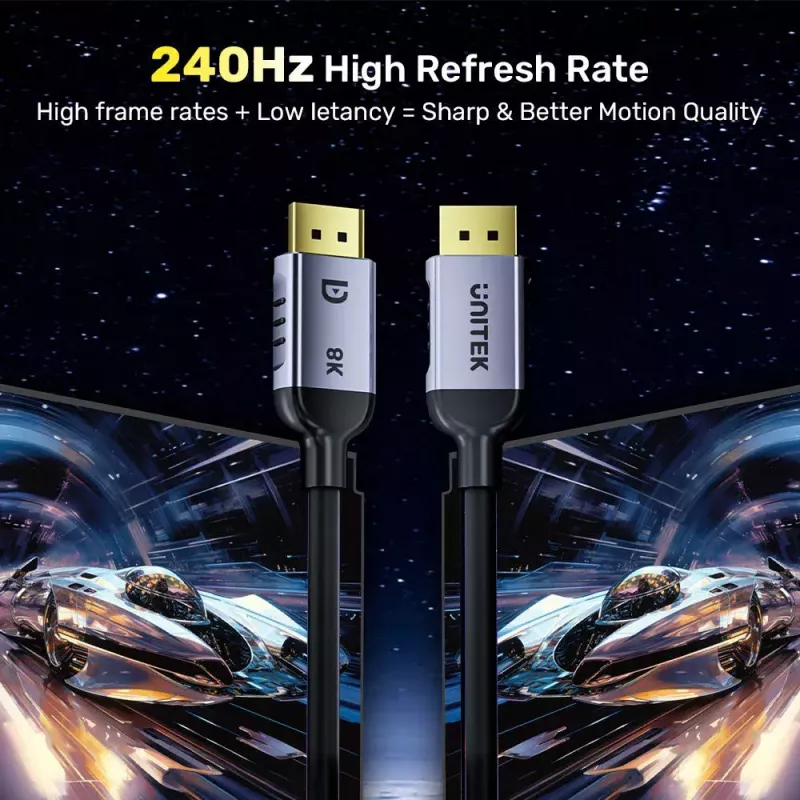 DisplayPort kabelis Unitek C1628GY01-2M — 2 m, DisplayPort 2.1, 7680×4320 @ līdz 240 Hz, 32.4 kanāli, alvots varš