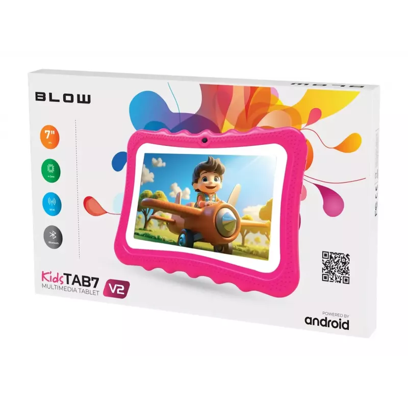 BLOW KidsTAB7 V2 planšetdators, 7" 1280x800, A133 1,5 GHz, 4 GB RAM, 32 GB, Android 14, ar maciņu, rozā