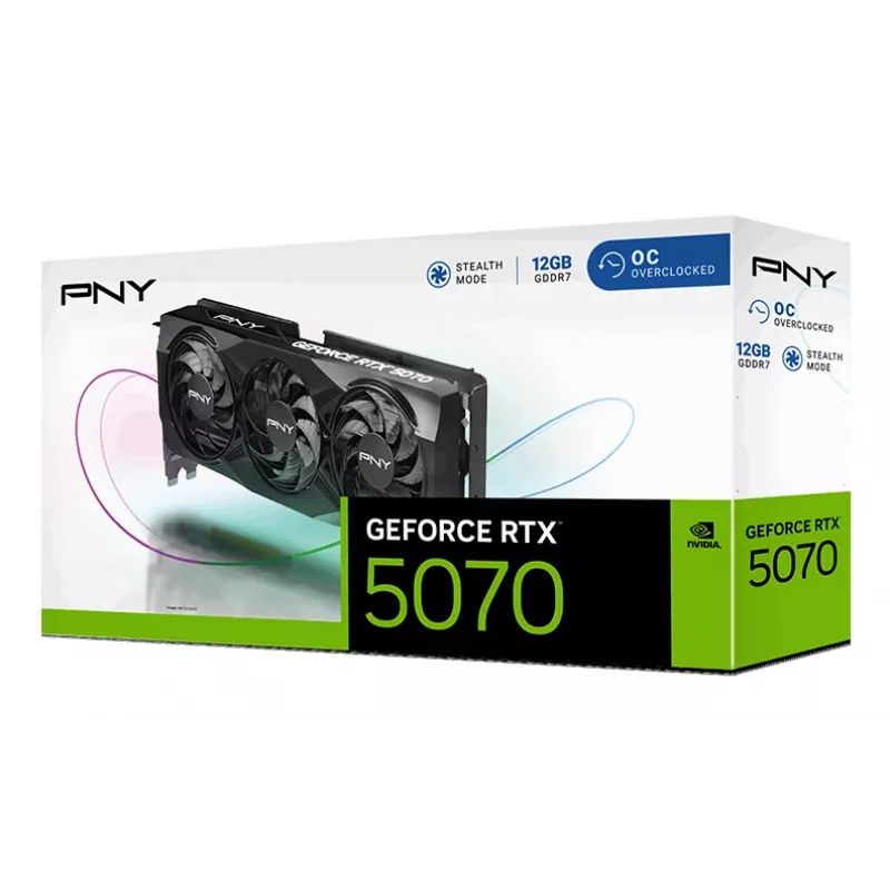 PNY GeForce RTX 5070 12 GB GDDR7 pārspīlēta trīs ventilatoru grafiskā karte - 12 GB GDDR7 - DisplayPort 2.1b / HDMI 2.1b