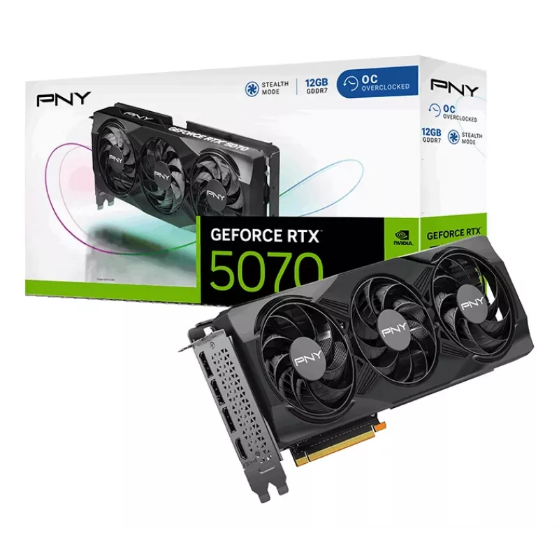 PNY GeForce RTX 5070 12 GB GDDR7 pārspīlēta trīs ventilatoru grafiskā karte - 12 GB GDDR7 - DisplayPort 2.1b / HDMI 2.1b
