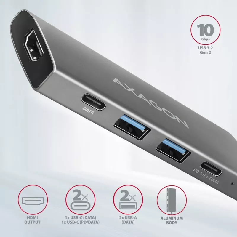 Axagon HMC-5G21 USB 10Gbps centrmezgls, 2x USB-A, 2x USB-C, HDMI 4k/30Hz, PD 60W, USB-C kabelis