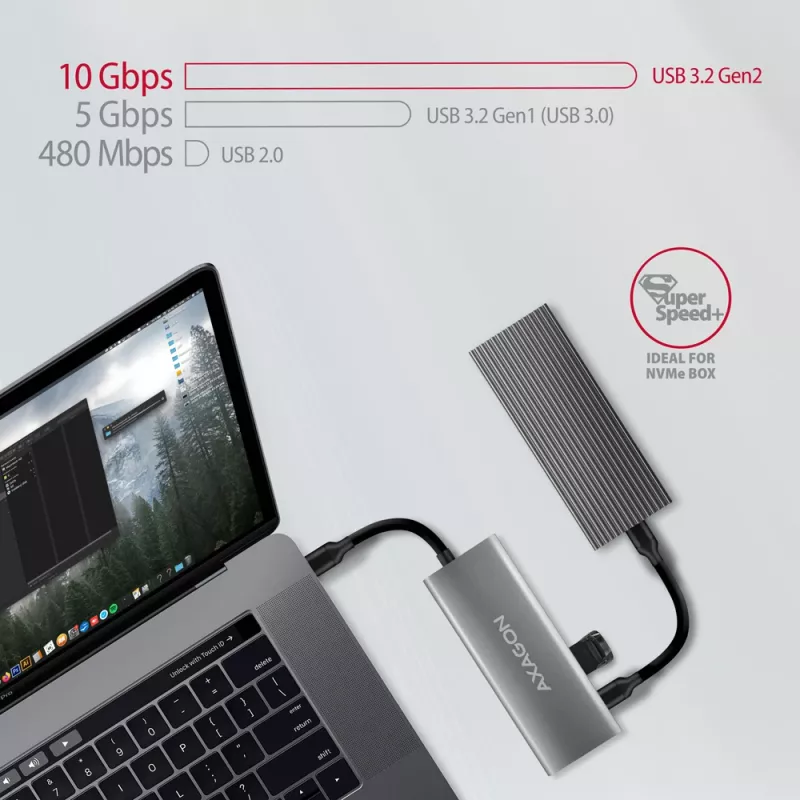 Axagon HMC-5G21 USB 10Gbps centrmezgls, 2x USB-A, 2x USB-C, HDMI 4k/30Hz, PD 60W, USB-C kabelis