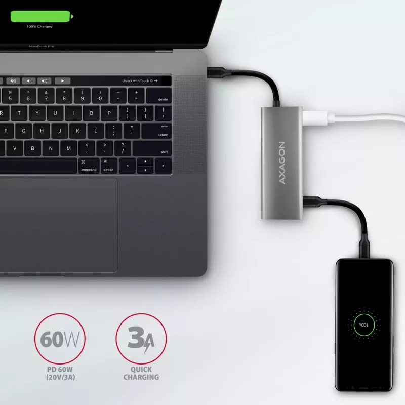 Axagon HMC-5G21 USB 10Gbps centrmezgls, 2x USB-A, 2x USB-C, HDMI 4k/30Hz, PD 60W, USB-C kabelis