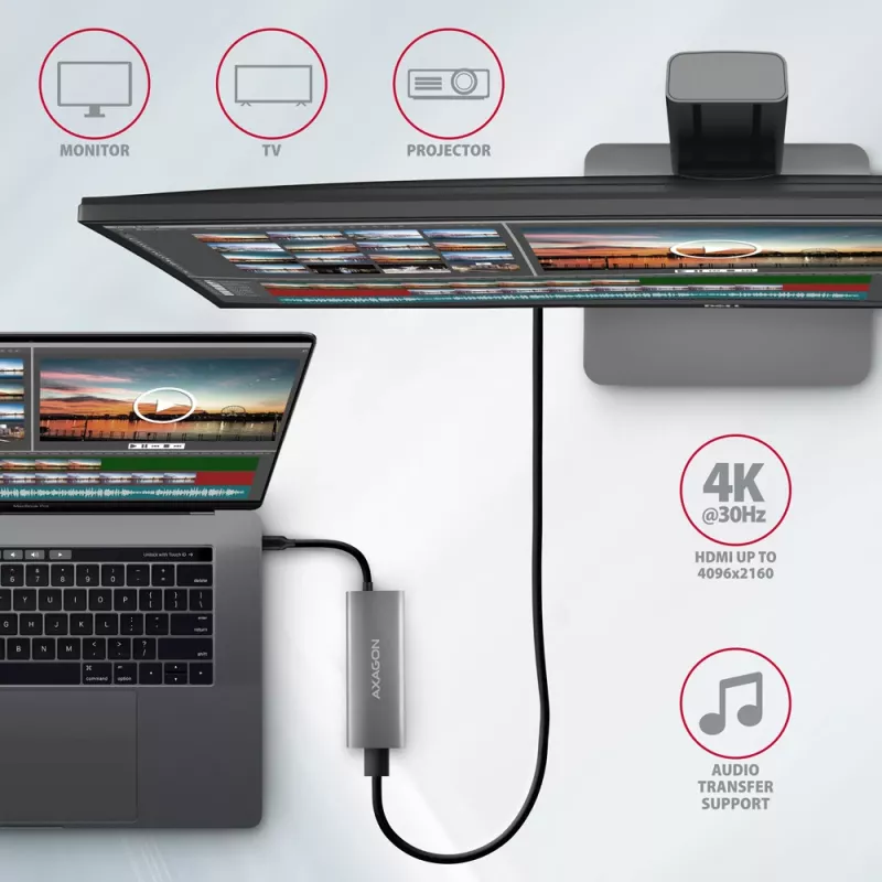 Axagon HMC-5G21 USB 10Gbps centrmezgls, 2x USB-A, 2x USB-C, HDMI 4k/30Hz, PD 60W, USB-C kabelis