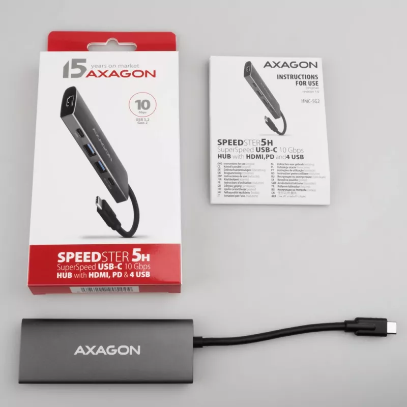 Axagon HMC-5G21 USB 10Gbps centrmezgls, 2x USB-A, 2x USB-C, HDMI 4k/30Hz, PD 60W, USB-C kabelis