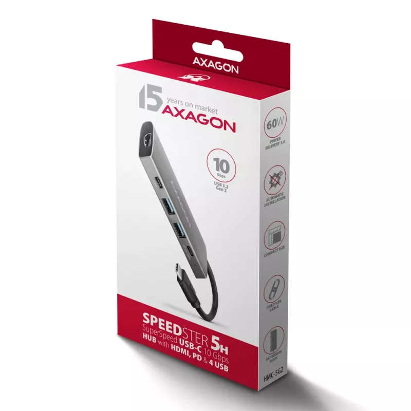Axagon HMC-5G21 USB 10Gbps centrmezgls, 2x USB-A, 2x USB-C, HDMI 4k/30Hz, PD 60W, USB-C kabelis