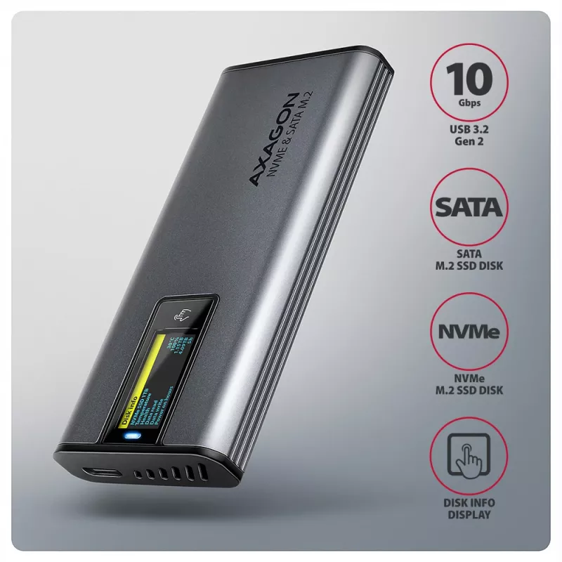 Axagon EEM2-SD2 USB-C 10Gbps - M.2 NVMe & SATA SSD DISPLAY kaste