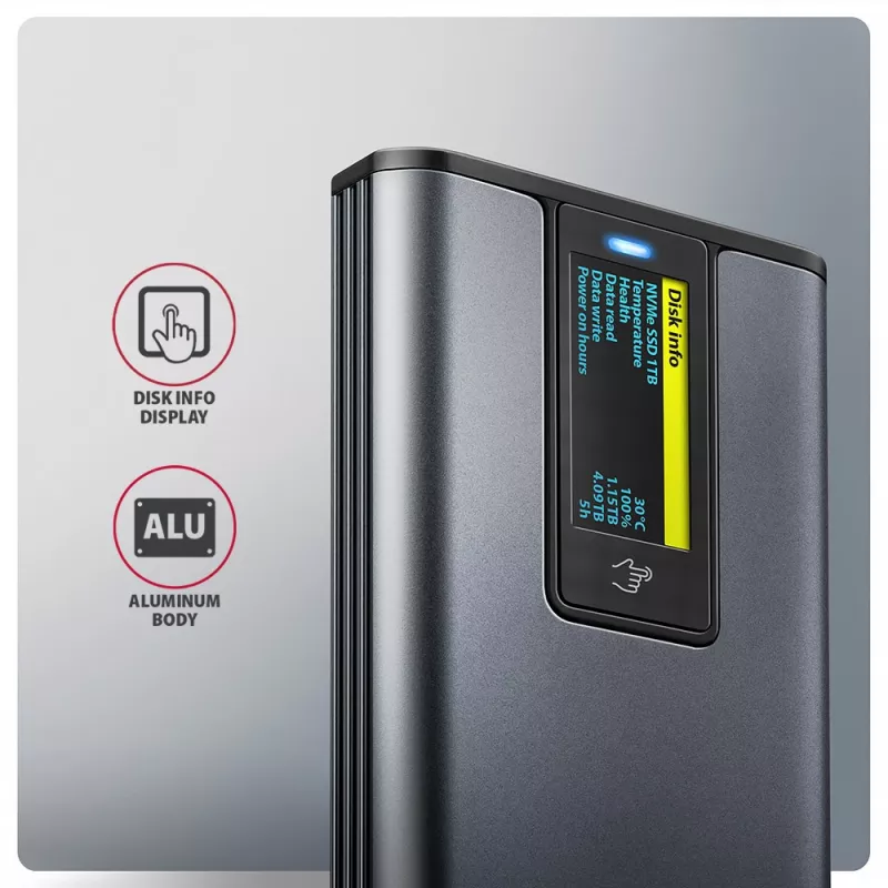 Axagon EEM2-SD2 USB-C 10Gbps - M.2 NVMe & SATA SSD DISPLAY kaste