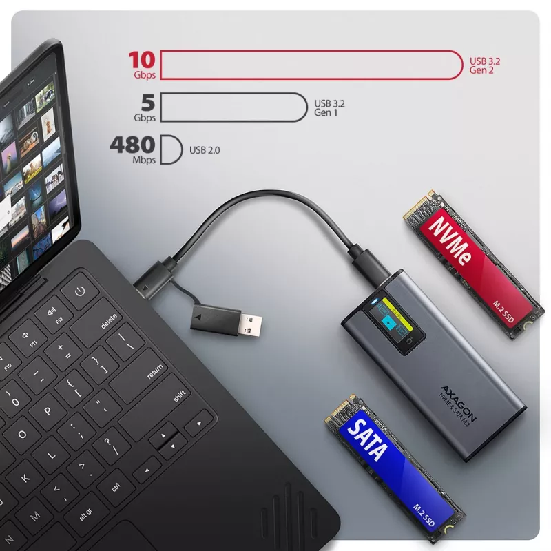 Axagon EEM2-SD2 USB-C 10Gbps - M.2 NVMe & SATA SSD DISPLAY kaste